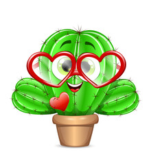 Funny Cactus Character In A Pot With Red Heart-shaped Glasses And A Small Heart Stuck In The Thorns