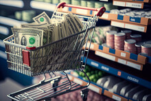 Shopping Cart Of Money In A Supermarket Aisle, Economic Inflation Concept, Rising Prices, Copyspace. Generative AI