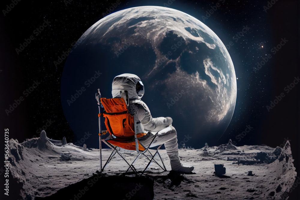 Astronaut sits on a camping chair on the moon with his legs crossed ...