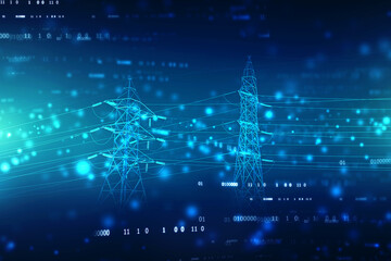 Poster - High power electricity poles on technology abstract background. Energy supply, distribution of energy, transmitting energy, energy transmission, high voltage supply concept