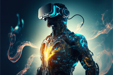 a virtual human wearing a vr headset, surrounded by futuristic technology and programming languages.