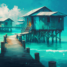 Maldives, Stilt Houses, Turquoise Sea, Digital Art Style, Illustration Painting