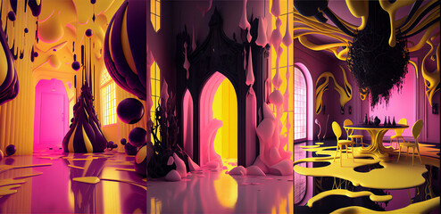 Wall Mural - Surreal melting walls interior design. Pink and black color tone illustration. 3d rendered style, collection