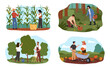 © YummyBuum - Harvesting scenes. People collect vegetables, fruits and cereals, farmers characters with baskets, buckets and wheelbarrows, mushroom pickers, nowaday vector cartoon flat isolated set
