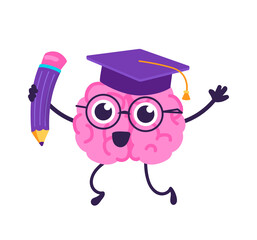 Happy brain with cute face in graduation hat. Science and education. Illustration in cartoon sticker design