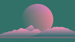 Aesthetic illustration of soft pastel neon mountain and big sunset view landscape, nostalgia retrowave / vaporwave VHS vibes mono pastel pink and green gradient