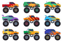 Monster Trucks. Big Cars With Big Tires For Extreme Shows. Powerful Off-road Machines. Vector Illustration