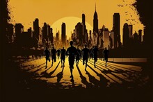 Dynamic Marathon Runnergroup Silhouette Running In A Big City On A Big Open Field Silhouette Background  With Skyscrapers And Shadows In The Sunset With Yellow And Orange Colors