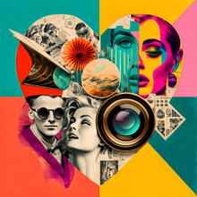 60s Retro Fashion Collage With Heart. Vibrant Colors. Retro Print Style. Digital Illustration, Generative AI