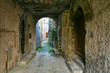 A narrow street in the historic center of Patrica, an old village in Lazio in the province of Frosinone, Italy.