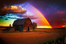 Beautiful Landscape With Empty Abandoned Farm Houses And Rainbow