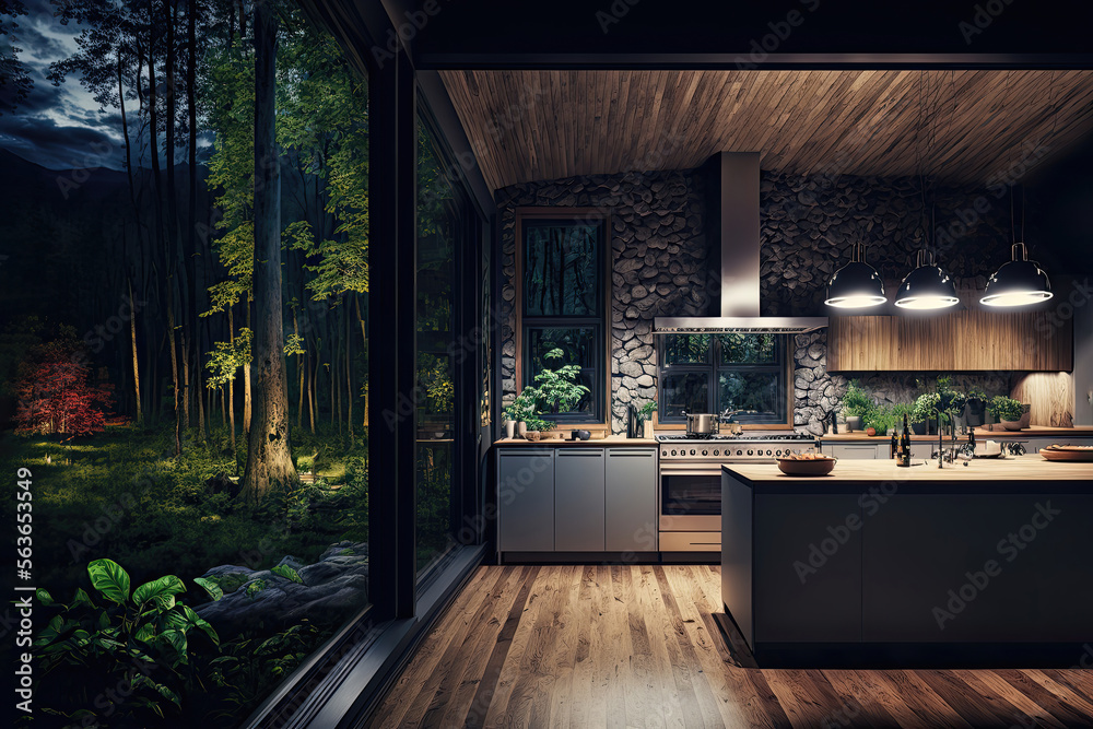 Cozy Luxury in the Woods: A Modern Kitchen with Wooden Floor, Stone ...