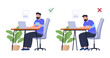 © Igor - The correct way to sit at a desk while using a computer. Correct posture for a healthy back. Vector illustration