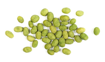 Wall Mural - Wasabi coated peanuts isolated on white background, top view