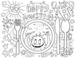Happy Monsters placemat for kids. Coloring printable activity mat with monsters illustration. Nature adventure black and white play mat or coloring page.