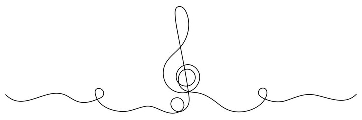 Treble clef continuous one line drawing. Linear key music note symbol. Vector isolated on white.