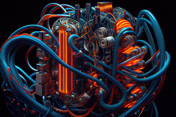 Poster - The mountain of the machine made of  intricate wires and glowing tubes with complex mechanisms.