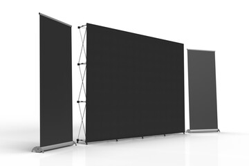 Wall Mural - Black Exhibition Fabric Wall Banner Cloth Straight Display Stand isolated on a white background and 3d rendered for mockup and illustrations