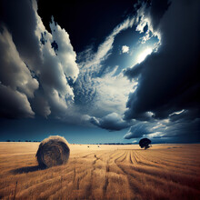 Hay Rolls Or Bales In Field During Harvest Season In Cloudy Day. Generative Ai