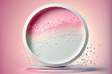 Empty white circle podium on transparent clear pink calm water texture with splashes