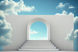 Fototapeta Przestrzenne - Front view of white podium and stairway with blank space in blue cloudy sky background