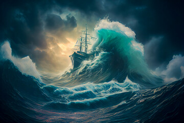 Storm on the sea with giant waves and ship, generative ai