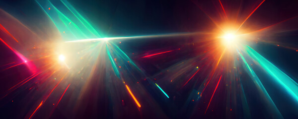 Wall Mural - Defocused rays color sparks. Disco illumination. Blur neon red blue orange laser light glow motion on dark black art illustration abstract background.