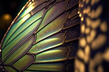  A Close Up Of A Green Butterfly Wing On A Table Top With A Black Background And A Green Light Shining On The Wing Of The Wing Of The Butterfly Wing, And The Wing,. , AI
