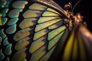  a close up of a butterfly wing with a black background and a yellow background with a green wing and a black background with a yellow line and blue wing and a bl Generative AI