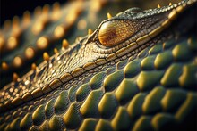  A Close Up Of A Crocodile's Head With A Lot Of Teeth And Eyes, With A Black Background And A Yellow Background With A Few Other Details Of Gold And Green Colors,. , AI