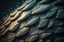  A Close Up Of A Green And Gold Snake Skin Pattern With Drops Of Water On It's Surface And A Black Background With A Black Background With A White Border And A Few Other Lines. , AI