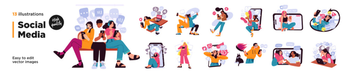 Poster - modern social media problems, peculiarities and differences. concept business illustrations. vector