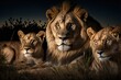  a group of lions sitting next to each other on a field at night time with a full moon in the background and trees in the background, with a dark sky with no one of the. , AI Generative AI