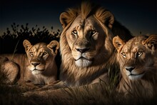  A Group Of Lions Sitting Next To Each Other On A Field At Night Time With A Full Moon In The Background And Trees In The Background, With A Dark Sky With No One Of The. , AI