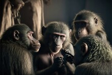  A Group Of Monkeys Sitting Next To Each Other On A Table With A Person Holding A Cigarette In Front Of Them And Another Monkey Standing Behind Them With A Human Hand On A String Of. , AI