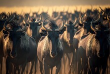  A Herd Of Animals With Long Horns Running Through A Field Of Grass And Dirt, With A Sky Background And A Yellow Sky In The Background, With A Few White, With, Some. , AI