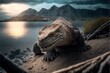 a large alligator sitting on top of a sandy beach next to a body of water with mountains in the background and a cloudy sky above it, with a dark gray sky and a few clouds. , AI Generative AI
