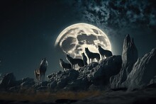  A Group Of Wolfs Standing On A Rocky Hillside Under A Full Moon With A Dark Sky Background And A Few Clouds In The Sky With A Few Stars And A Few Clouds, With A Few Stars. , AI