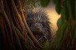  a porcupine is peeking out from behind a tree branch with leaves on it's sides and a yellow sky in the background behind it, with a few green leaves, and a. , AI Generative AI