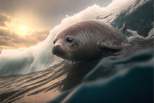  A Seal Is Swimming In The Ocean With A Wave In The Background And A Sun In The Sky Above It, And A Wave In The Water Below It, A Picture Of A Seal With A. , AI