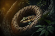  A Snake Curled Up In A Tree With Its Mouth Open And Eyes Wide Open, With A Dark Background And Leaves On The Branches, And A Dark Background With A Soft Light - Colored. , AI