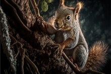  A Squirrel Is Sitting On A Tree Branch And Looking At The Camera With A Surprised Look On Its Face And Eyes, With A Dark Background Of Leaves And Branches And Branches And Leaves,. , AI