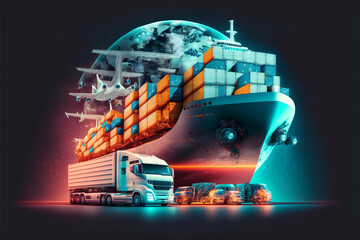 Transportation and logistic network distribution growth. Container cargo ship and trucks of industrial freight for shipping. Business logistic import export and transport industry. Global business