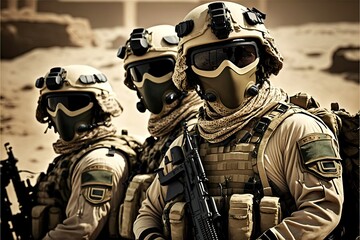 Wall Mural - Desert Special Forces Military Unit in Full Tactical Gear in the desert, generative ai