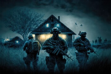 Wall Mural - night farm attack by Special Forces Military Unit in Full Tactical Gear in the desert, generative ai