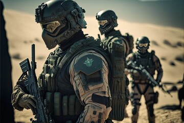 Wall Mural - Desert Special Forces Military Unit in Full Tactical Gear in the desert, generative ai