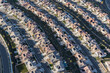 Aerial view of modern solar roof homes near Los Angeles in suburban Santa Clarita California.