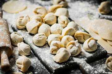 Sticker - Homemade dumplings on a cutting board with flour. 