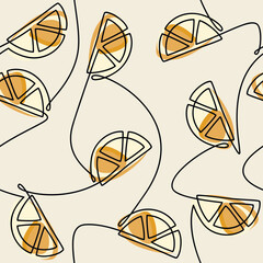 Poster - Lemon slice piece icon seamless pattern vector. One line continuous hand drawn illustration. Citrus wallpaper, graphic food background, fabric, print, wrapping paper.