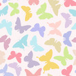 Butterfly seamless repeat pattern design background. Vector illustration. Random colorful butterfly and moth silhouettes, cute girly pastel pattern